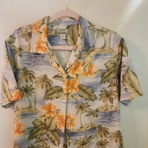 Vintage Tommy Bahama Women's Floral Palm Shirt - Blue and Orange